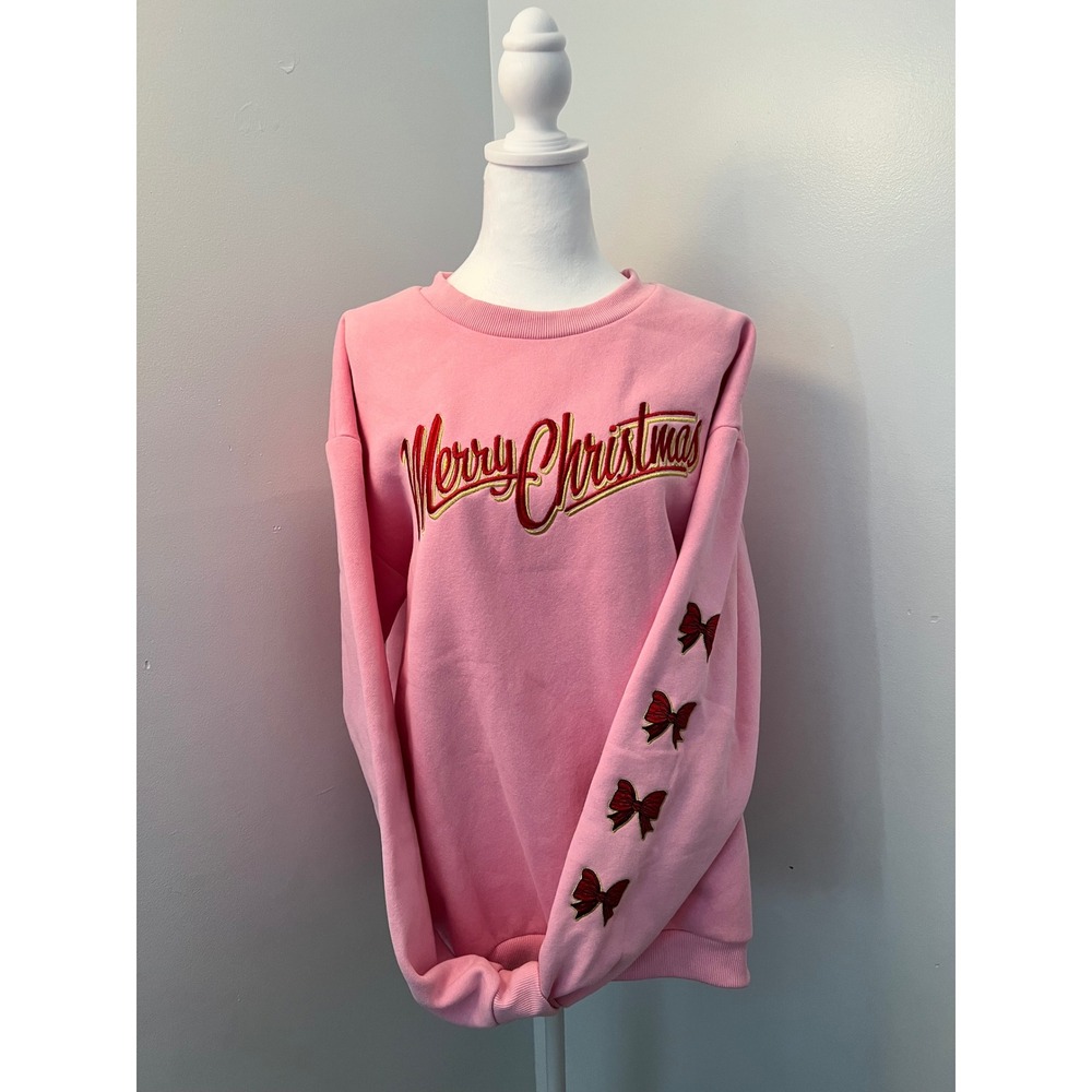 Simply Southern Merry Christmas Pink Sweatshirt XL Bow Sleeve Holiday Crewneck - Picture 1 of 7